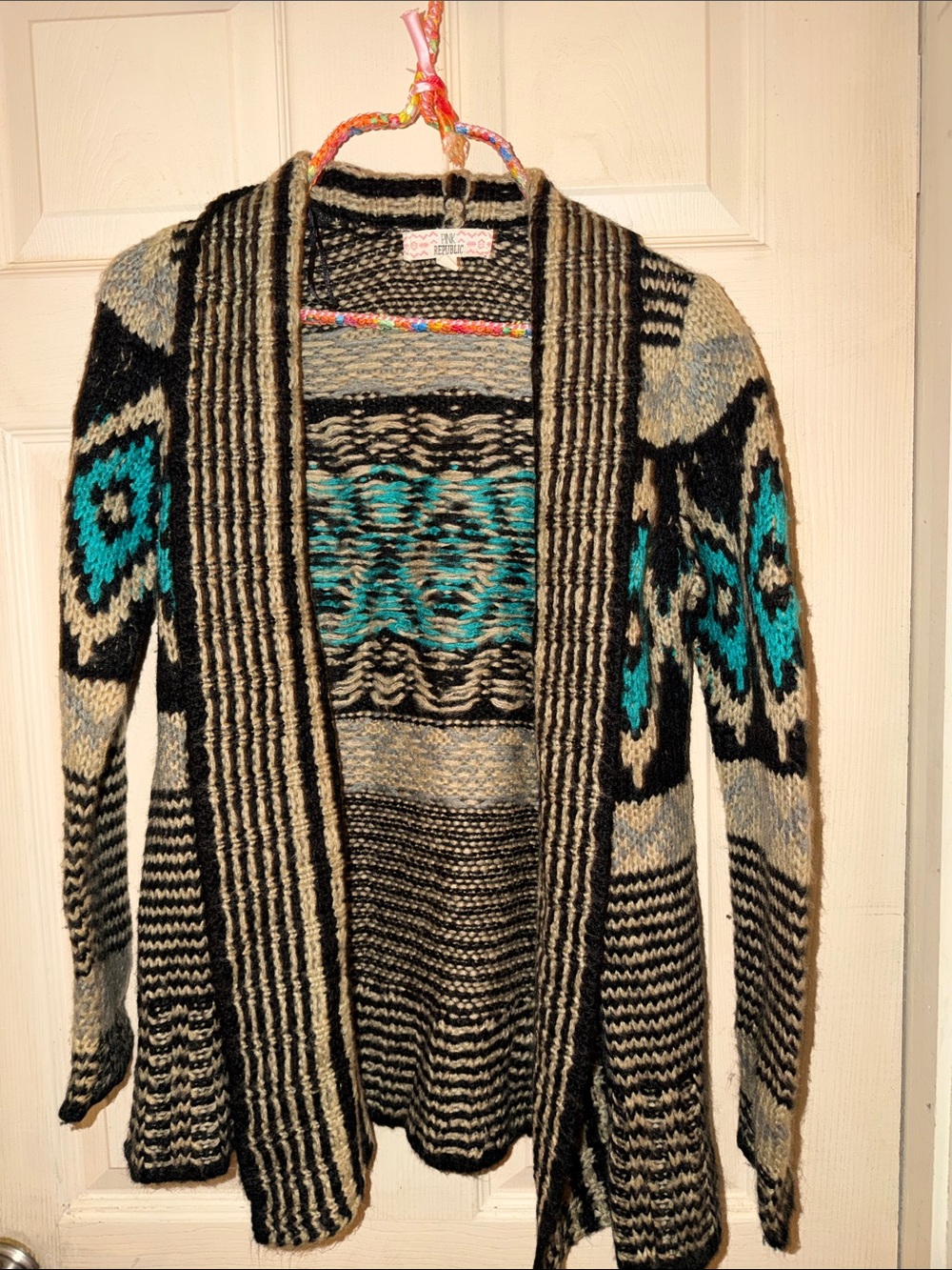 Pink Republic Open-Front Aztec Cardigan - Black, Gray & Teal